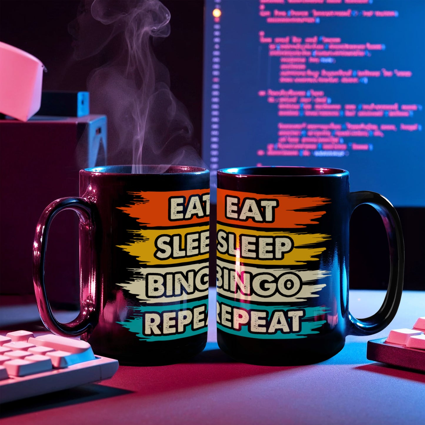 Eat Sleep Bingo Repeat - Black Ceramic Mug - Gift for Her - Gift for Him