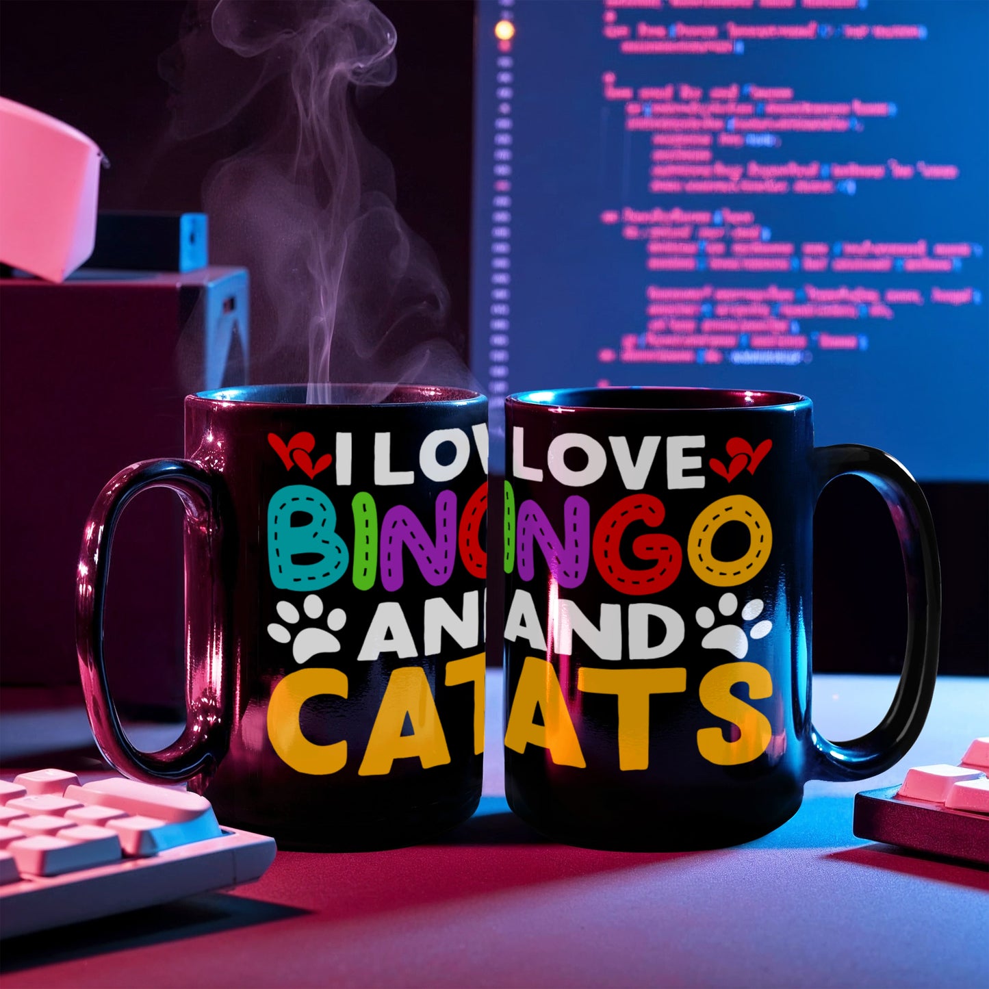 I Love Bingo And Cats - Black Ceramic Mug - Gift for Her - Gift for Him