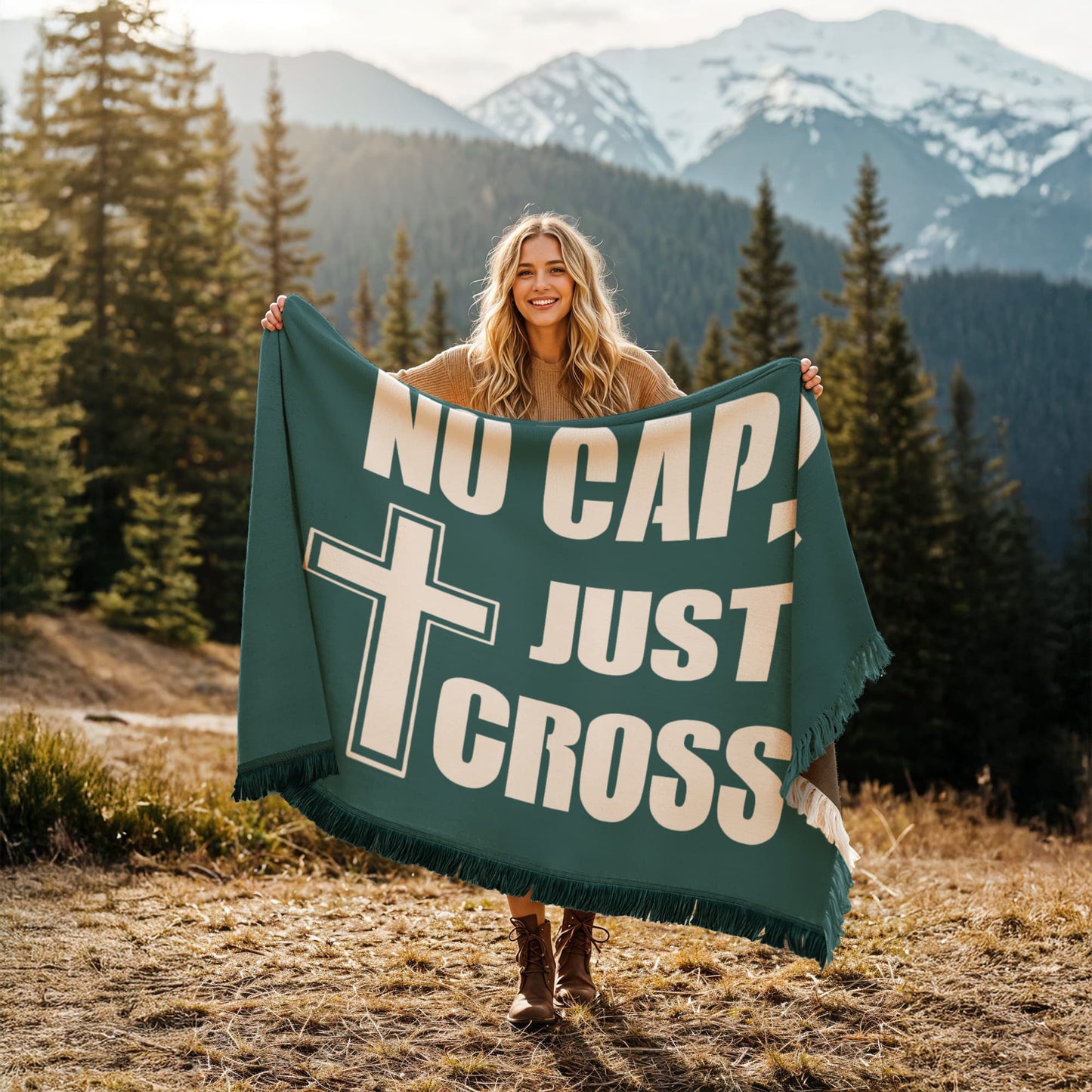 No Cap, Just Cross - Printed Woven Blanket (Landscape) - Gift for Her - Gift for Him