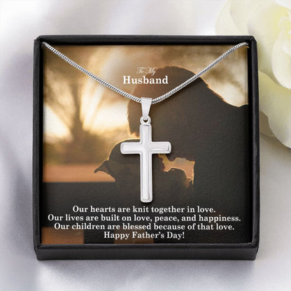 To My Husband, Our Hearts Are Knit Together In Love - Happy Father's Day - Artisan Crafted Stainless Cross Necklace - Gift for Husband