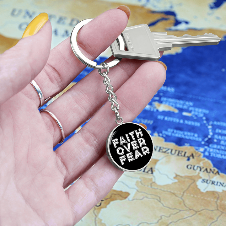 Faith Over Fear (White) – Graphic Circle Keychain – Gift for Her - Gift for Him