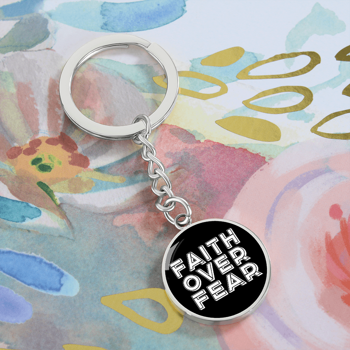 Faith Over Fear (White) – Graphic Circle Keychain – Gift for Her - Gift for Him