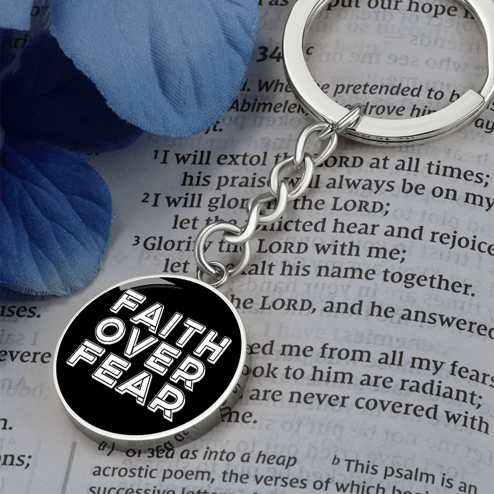Faith Over Fear (White) – Graphic Circle Keychain – Gift for Her - Gift for Him