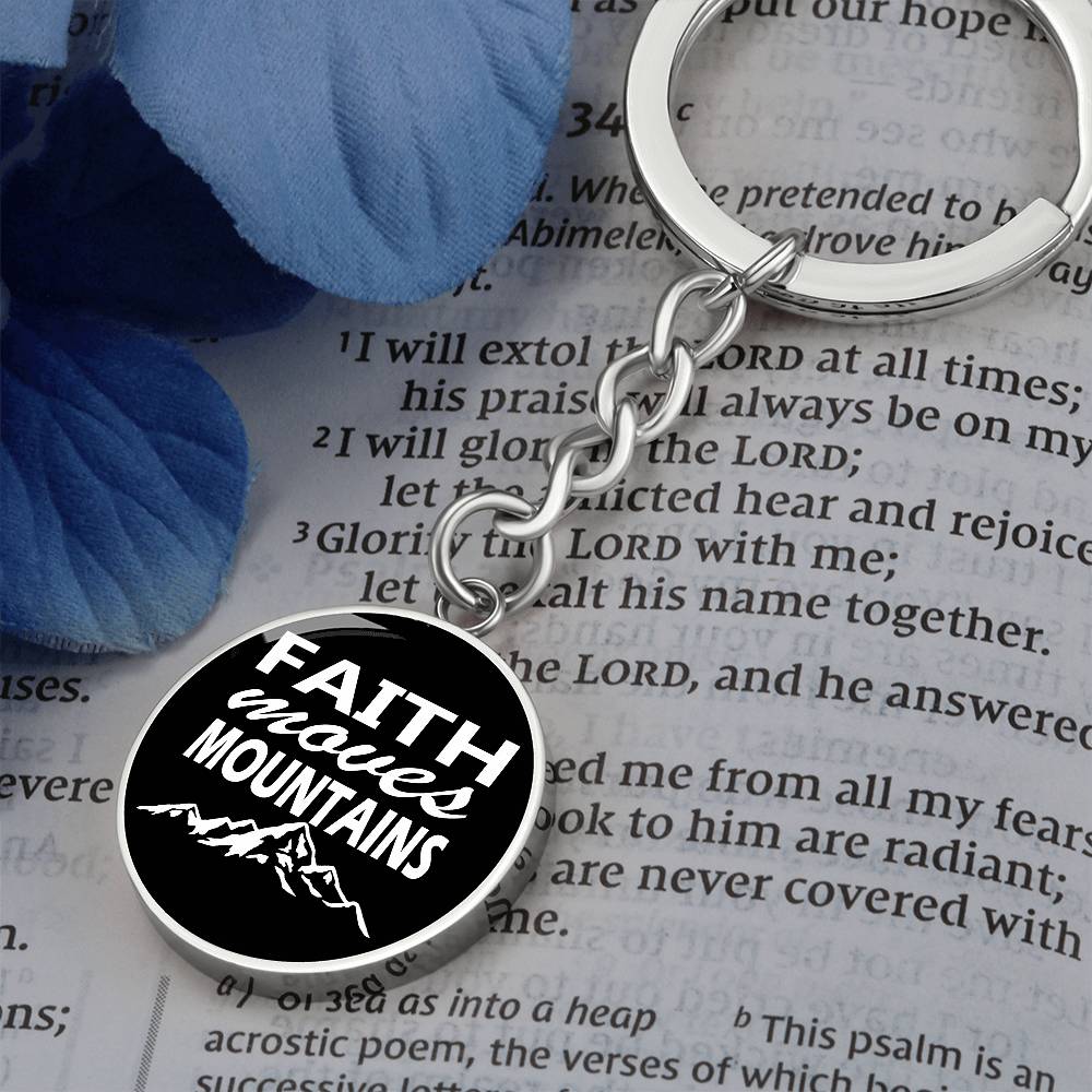 Faith Moves Mountains (White) Graphic Circle Keychain – Gift for Her - Gift for Him