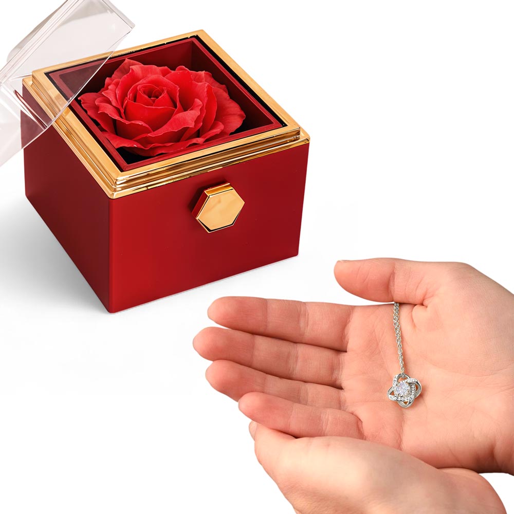 Love Knot Necklace With Rotating Rose Gift Box – Gift for Her