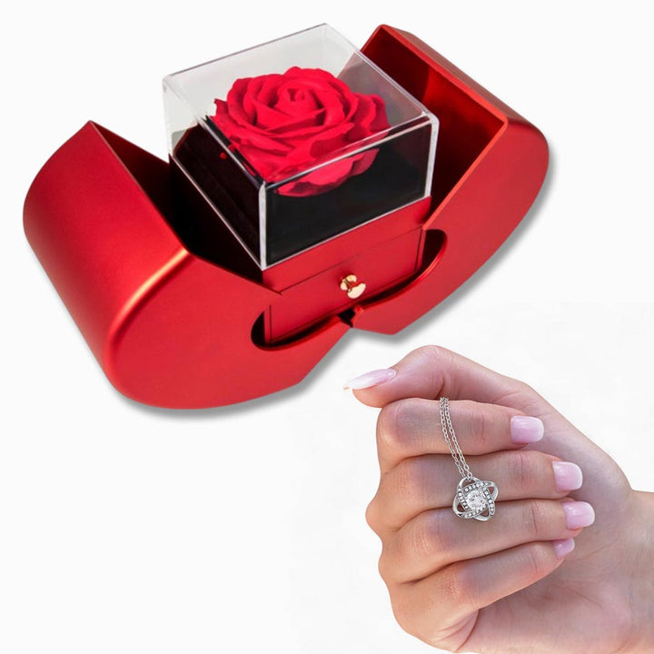 Love Knot Necklace and Red Heart Rose Box Gift Set – Gift for Her