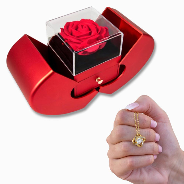Love Knot Necklace and Red Heart Rose Box Gift Set – Gift for Her