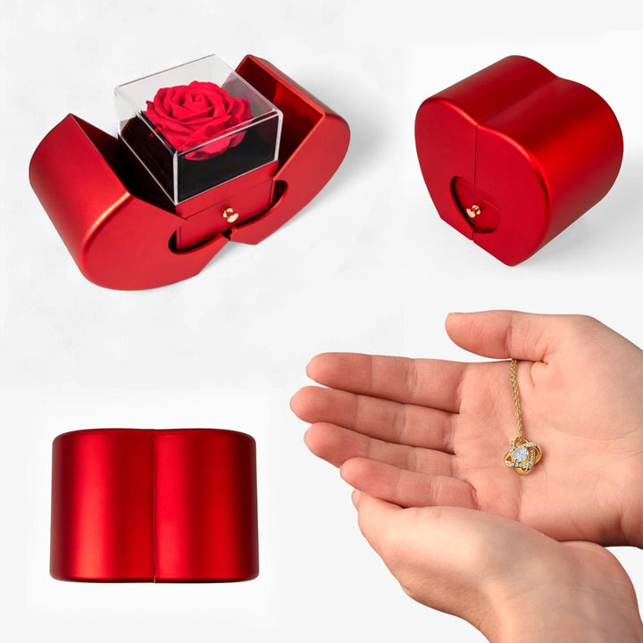 Love Knot Necklace and Red Heart Rose Box Gift Set – Gift for Her