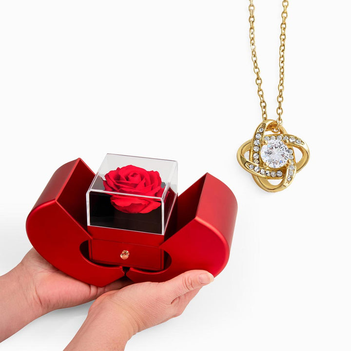 Love Knot Necklace and Red Heart Rose Box Gift Set – Gift for Her