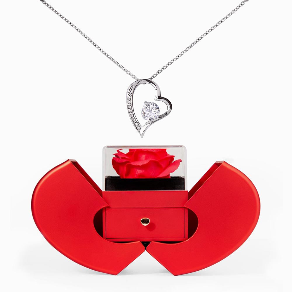 Forever Love Necklace and Red Heart Rose Box Gift Set – Gift for Her