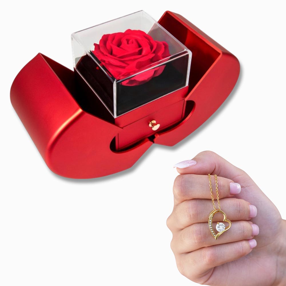 Forever Love Necklace and Red Heart Rose Box Gift Set – Gift for Her