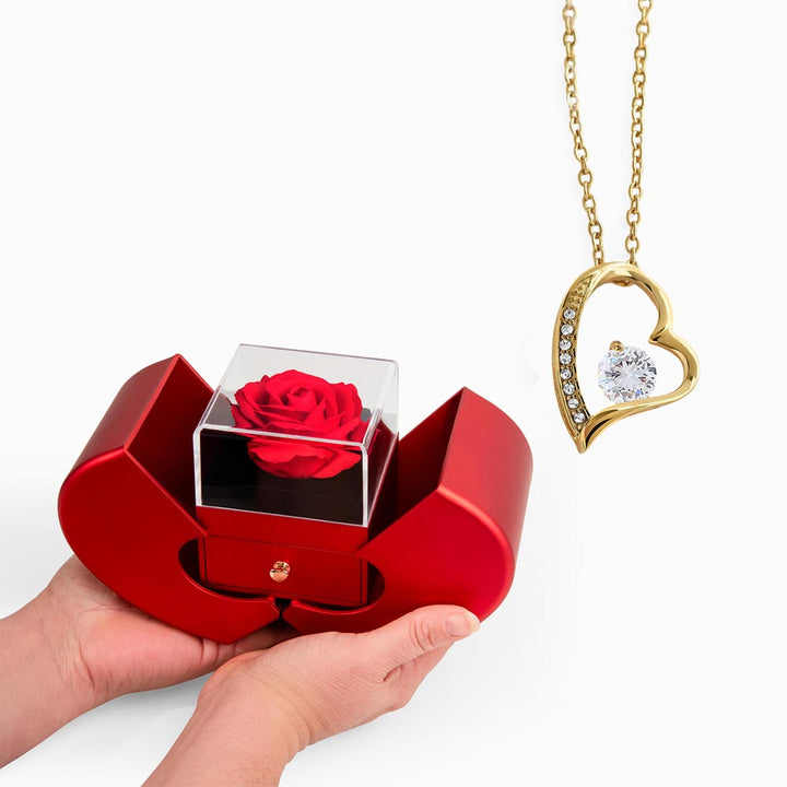 Forever Love Necklace and Red Heart Rose Box Gift Set – Gift for Her