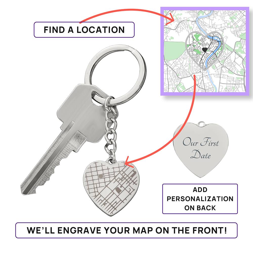 Engraved Map on Heart Keychain - Gift for Her - Gift for Him