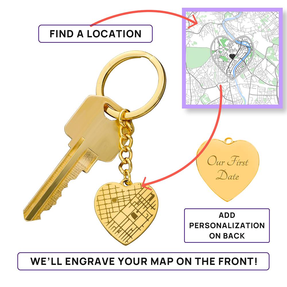 Engraved Map on Heart Keychain – Gift for Her - Gift for Him