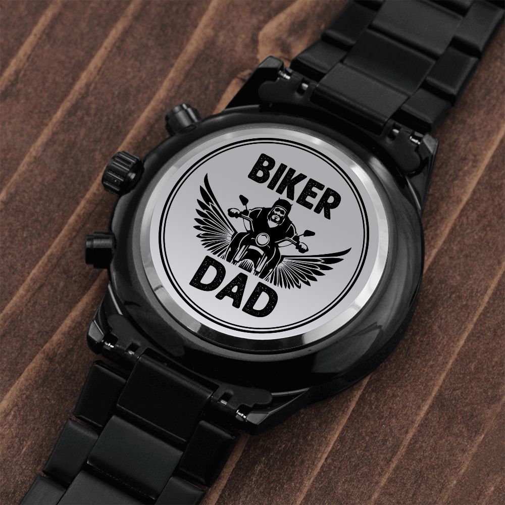 Biker Dad – Engraved Design Black Chronograph Watch – Gift for Dad – Gift for Him