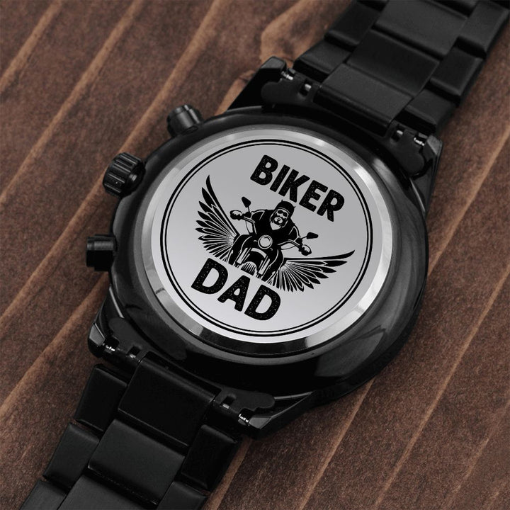 Biker Dad – Engraved Design Black Chronograph Watch – Gift for Dad – Gift for Him