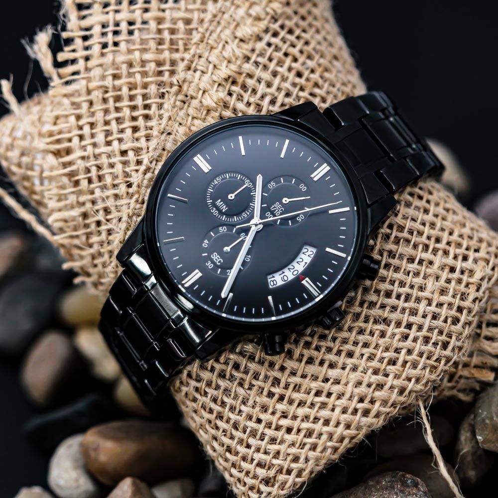 Biker Dad - Engraved Design Black Chronograph Watch - Gift for Dad - Gift for Him