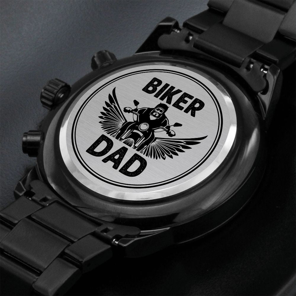 Biker Dad – Engraved Design Black Chronograph Watch – Gift for Dad – Gift for Him
