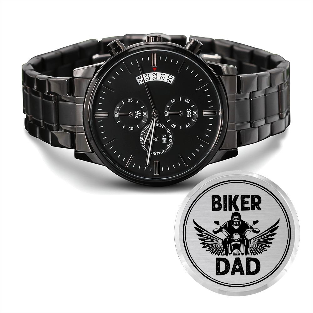 Biker Dad - Engraved Design Black Chronograph Watch - Gift for Dad - Gift for Him