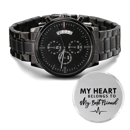 My Heart Belongs To My Best Friend - Engraved Design Black Chronograph Watch - Gift for Boyfriend - Gift for Best Friend