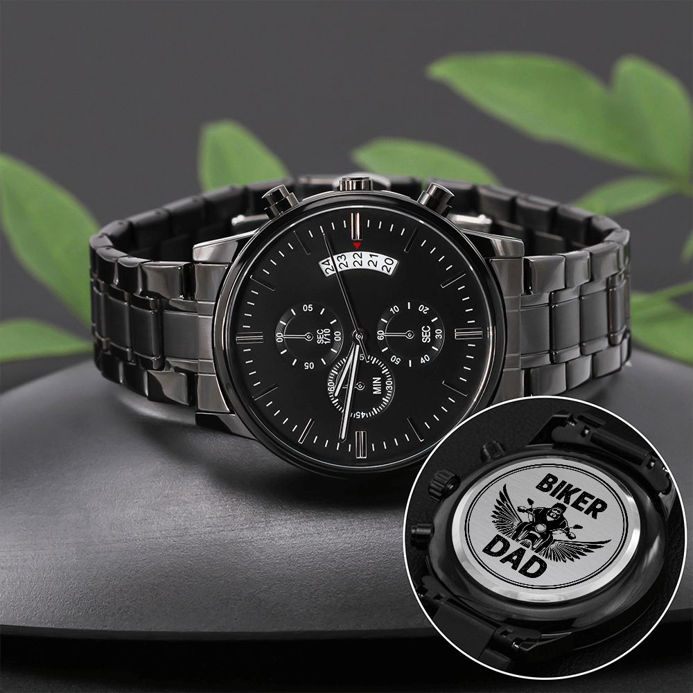 Biker Dad - Engraved Design Black Chronograph Watch - Gift for Dad - Gift for Him