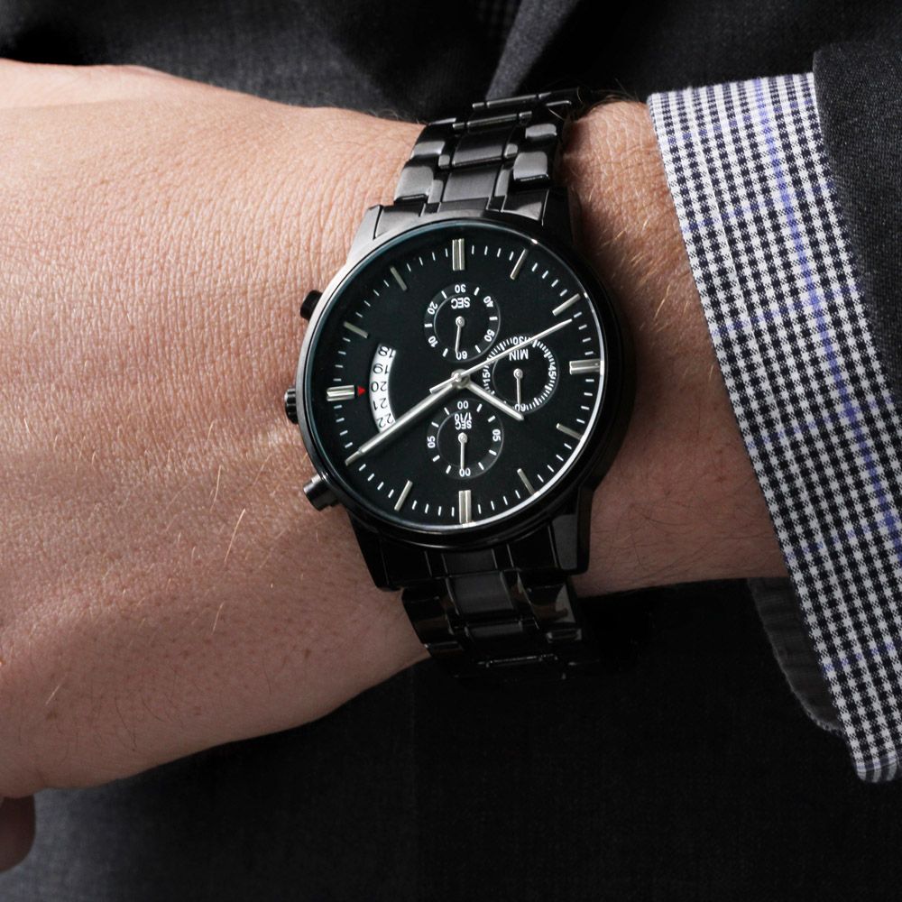 Customizable Engraved Black Chronograph Watch – Gift for Dad