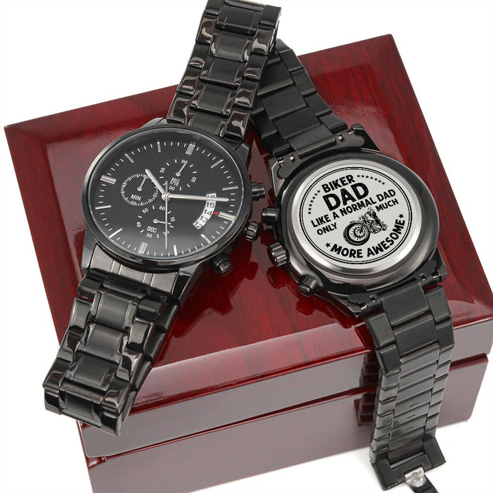 Biker Dad, Like A Normal Dad Only Much More Awesome – Engraved Black Chronograph Watch – Gift for Dad