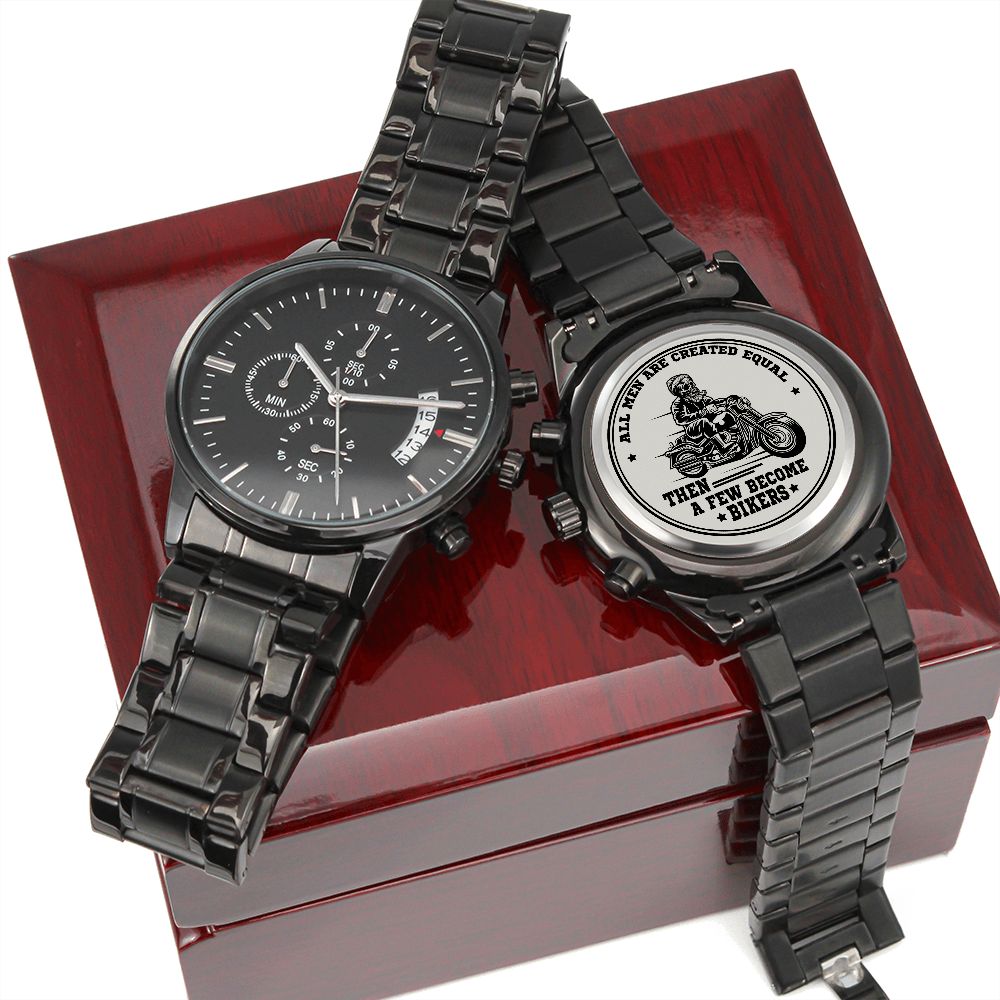 All Men Are Created Equal, Then A Few Become Bikers – Engraved Design Black Chronograph Watch – Gift for Him