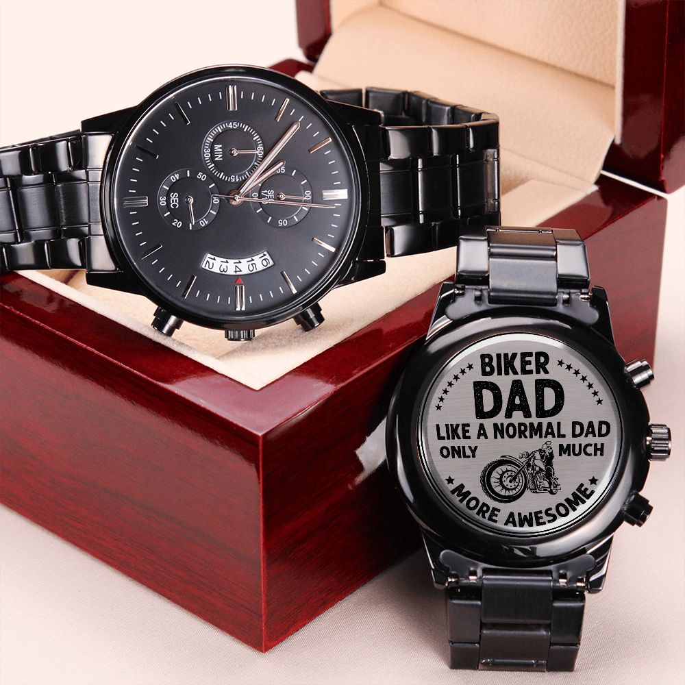 Biker Dad, Like A Normal Dad Only Much More Awesome – Engraved Black Chronograph Watch – Gift for Dad