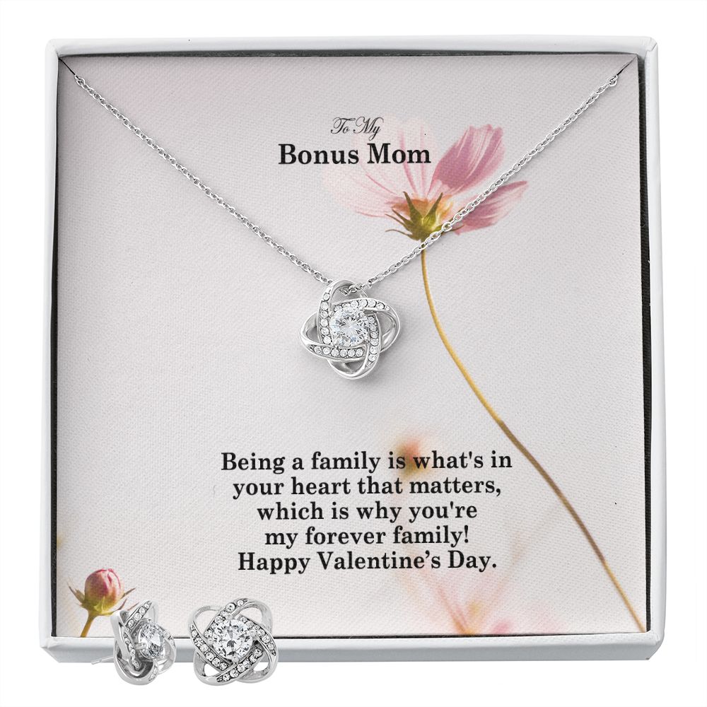 To My Bonus Mom, Being A Family Is What's In Your Heart - Love Knot Earring & Necklace Set - Gift for Mom