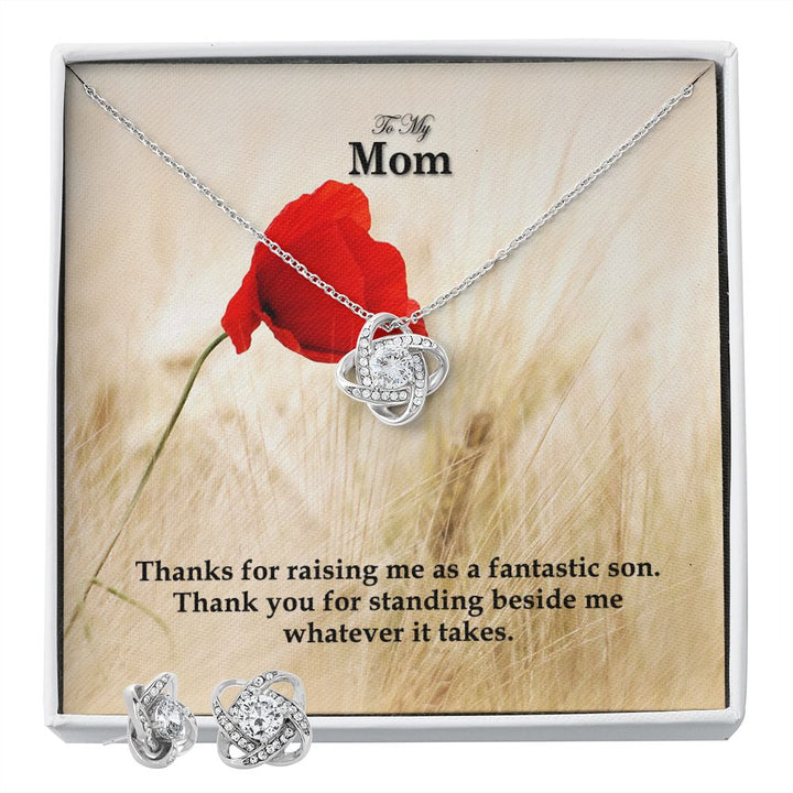 To My Mom, Thanks You For Standing Beside Me Whatever It Takes - Love Knot Earring &amp; Necklace Set - Gift for Mom