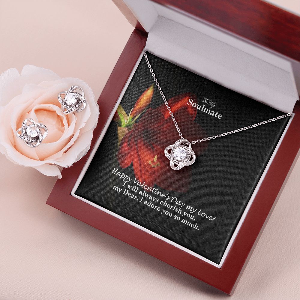 To My Soulmate, Happy Valentine's Day My Love - Love Knot Earring & Necklace Set - Gift for Her