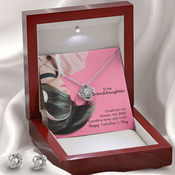 To My Granddaughter, Count On Me Always, My Child! Grandma Loves You A Lot! – Love Knot Earring &amp; Necklace Set – Gift for Granddaughter