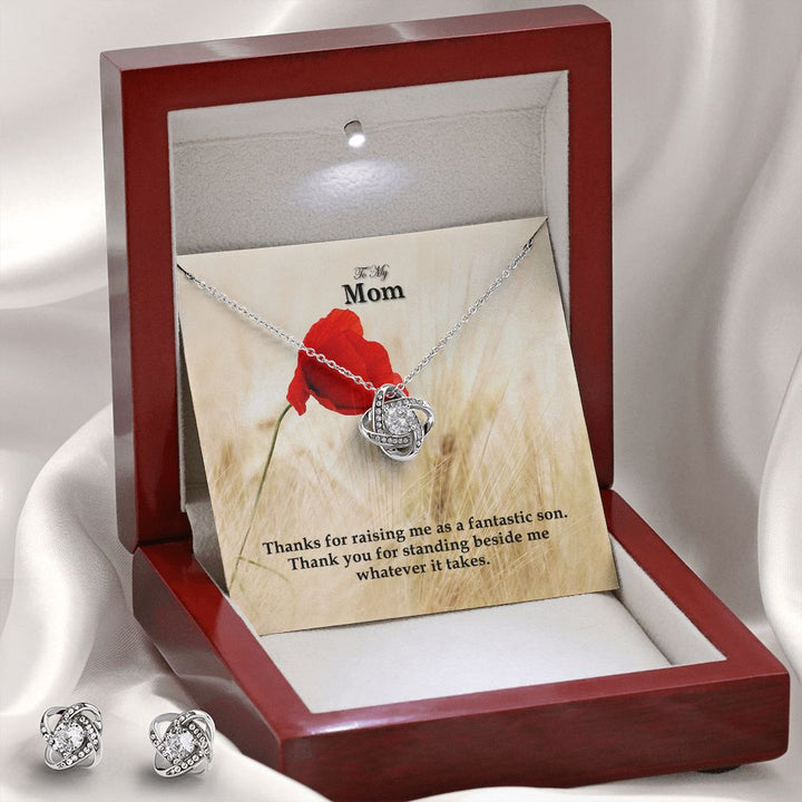 To My Mom, Thanks You For Standing Beside Me Whatever It Takes - Love Knot Earring &amp; Necklace Set - Gift for Mom