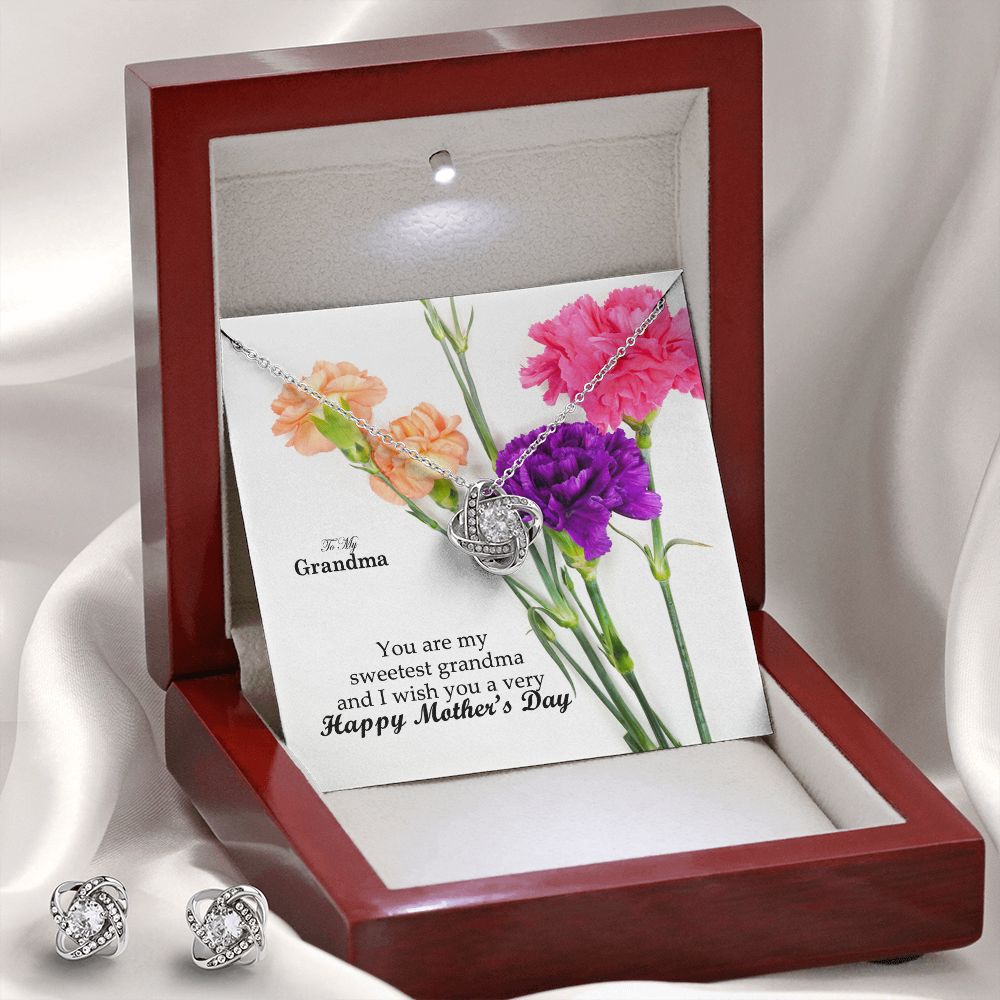 You Are My Sweetest Grandma & I Wish You A Very Happy Mother's Day! - Love Knot Earring & Necklace Set - Gift for Grandma