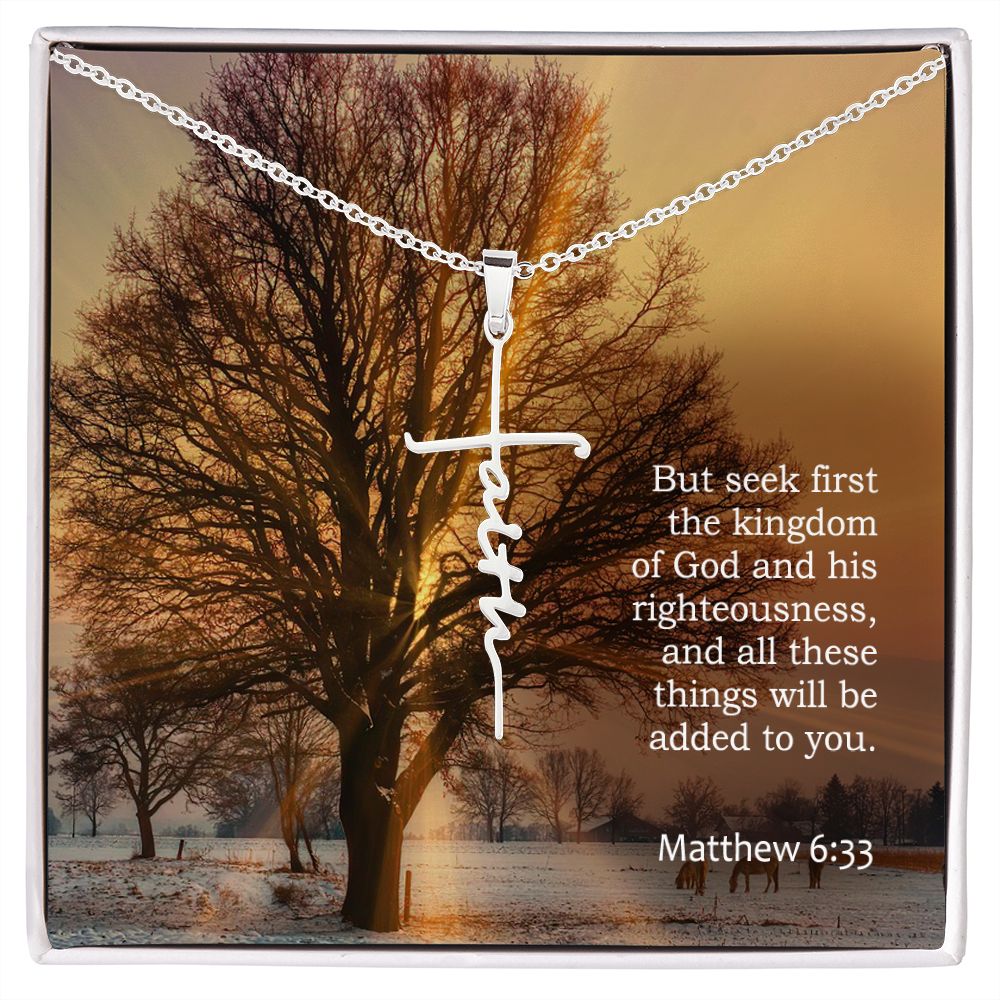 But Seek First The Kingdom Of God And His Righteousness, And All These Things Will Be Added To You - Faith Cross Necklace with Message Card - Gift for Her - Gift for Him
