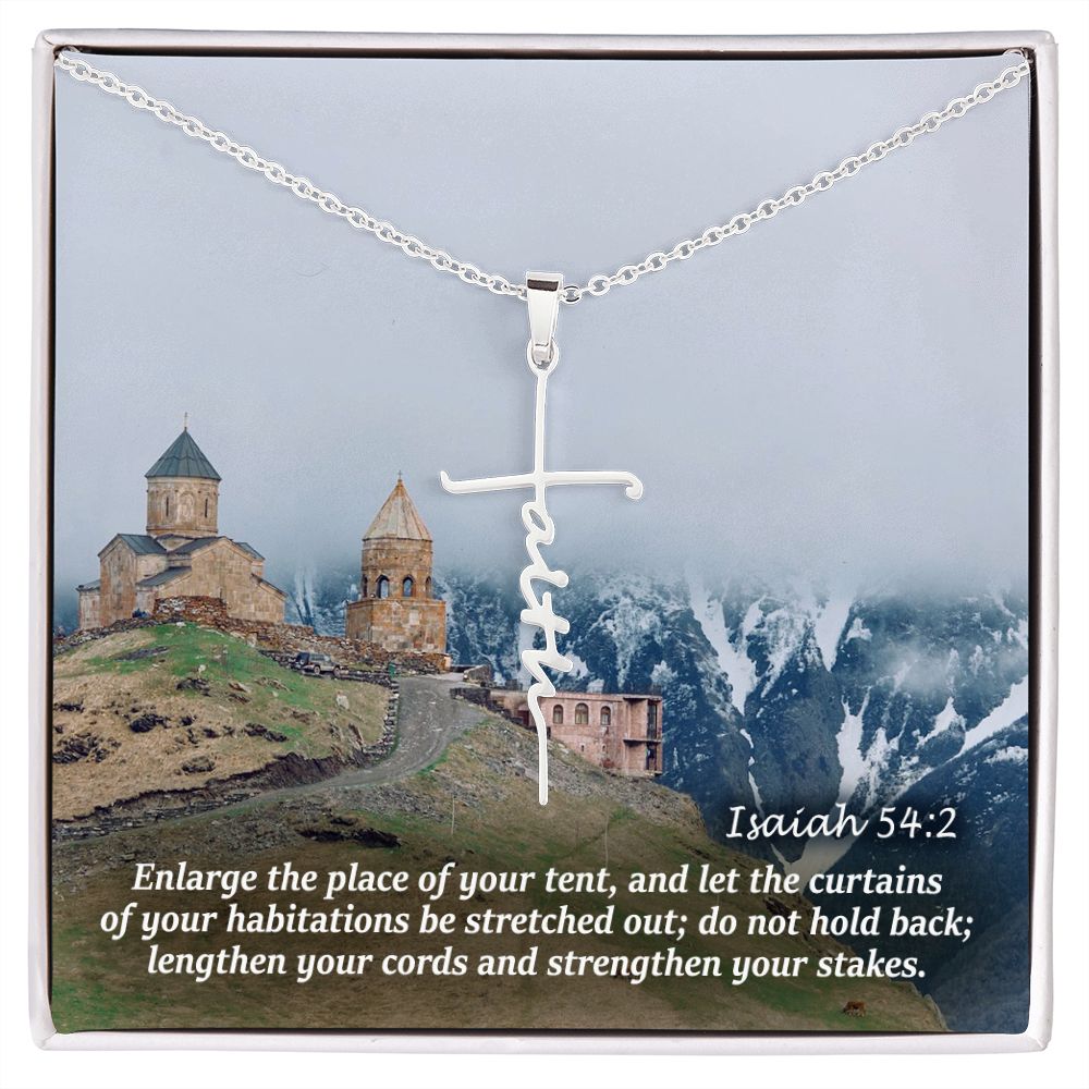 Enlarge The Place Of Your Tent, & Let The Curtains Of Your Habitations Be Stretched Out - Faith Cross Necklace with Message Card - Gift for Her - Gift for Him