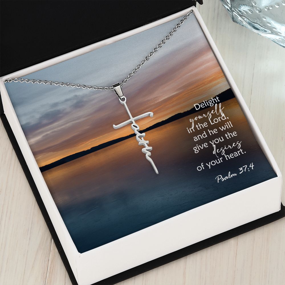Delight Yourself In The Lord, & He Will Give You The Desires Of Your Heart - Faith Cross Necklace with Message Card - Gift for Her - Gift for Him