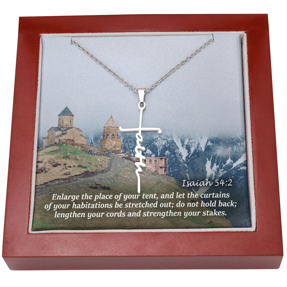 Enlarge The Place Of Your Tent, & Let The Curtains Of Your Habitations Be Stretched Out - Faith Cross Necklace with Message Card - Gift for Her - Gift for Him