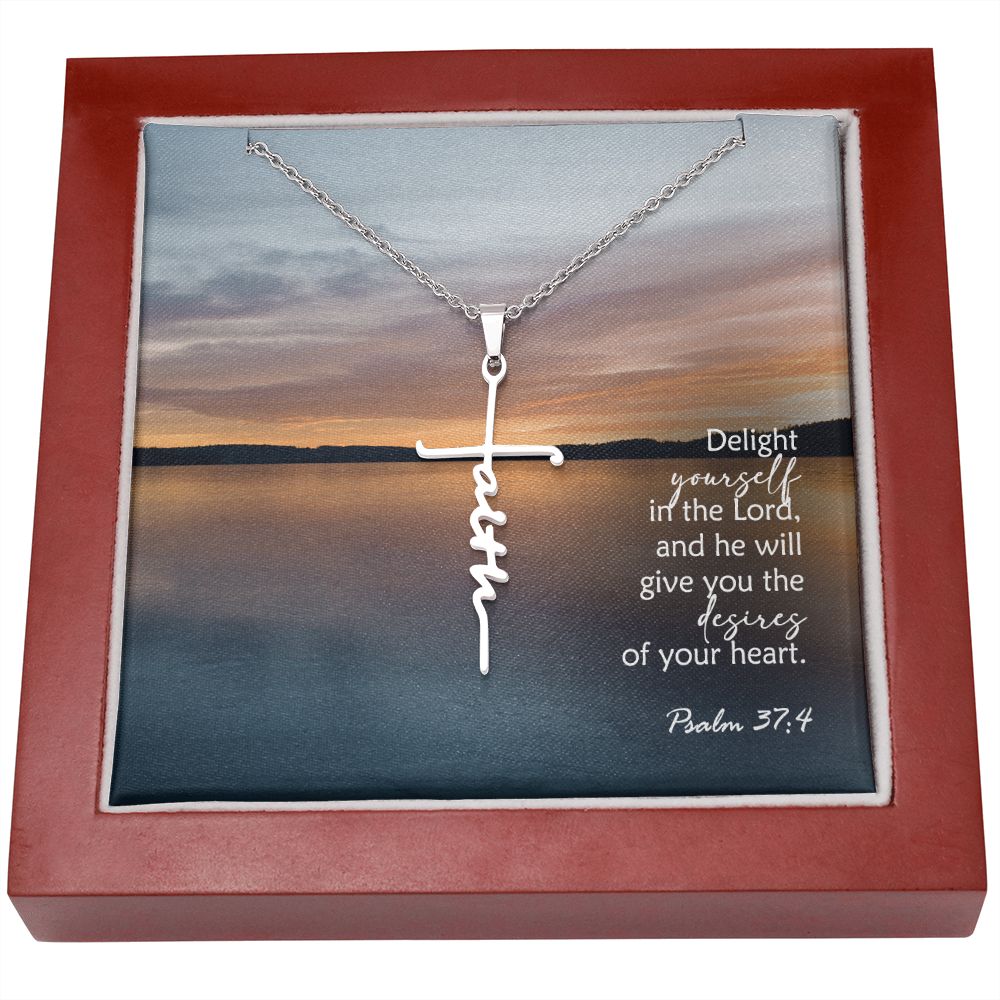 Delight Yourself In The Lord, & He Will Give You The Desires Of Your Heart - Faith Cross Necklace with Message Card - Gift for Her - Gift for Him