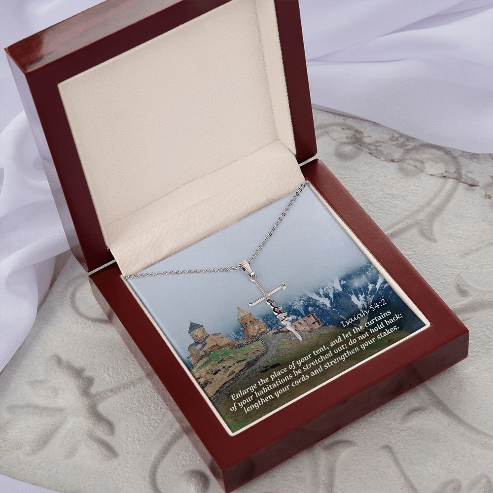 Enlarge The Place Of Your Tent, & Let The Curtains Of Your Habitations Be Stretched Out - Faith Cross Necklace with Message Card - Gift for Her - Gift for Him