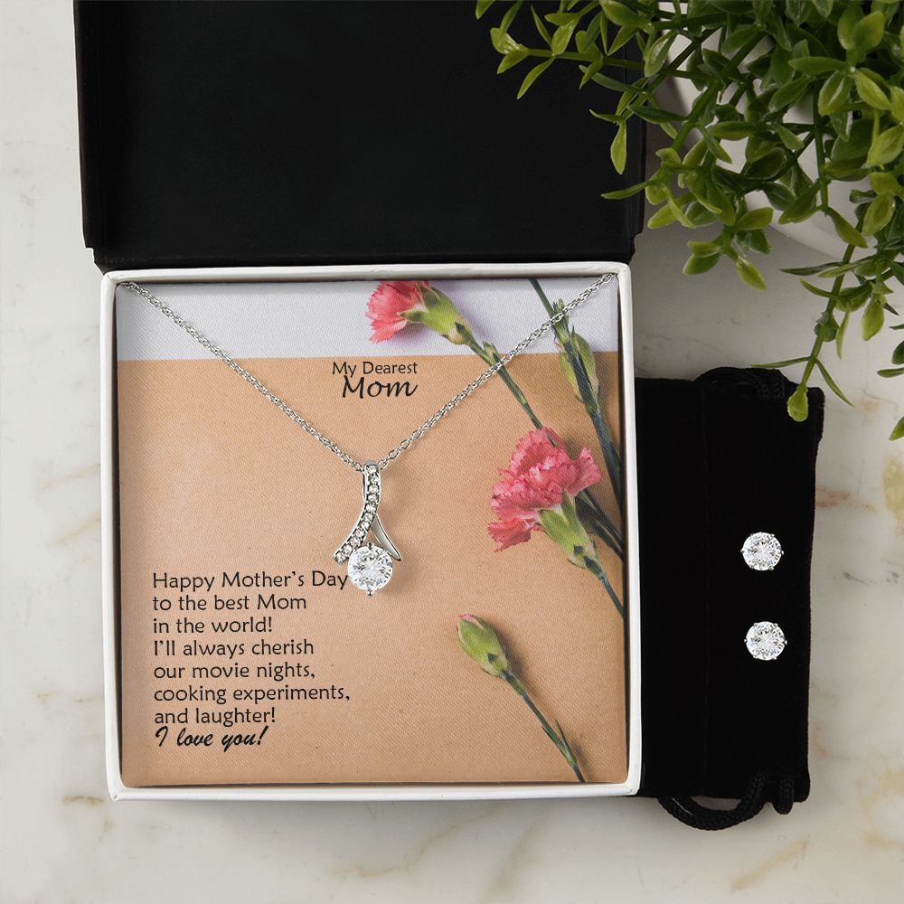 Happy Mother's Day To The Best Mom In The World! I Love You - Alluring Beauty Necklace & Clear CZ Earrings - Gift for Mom