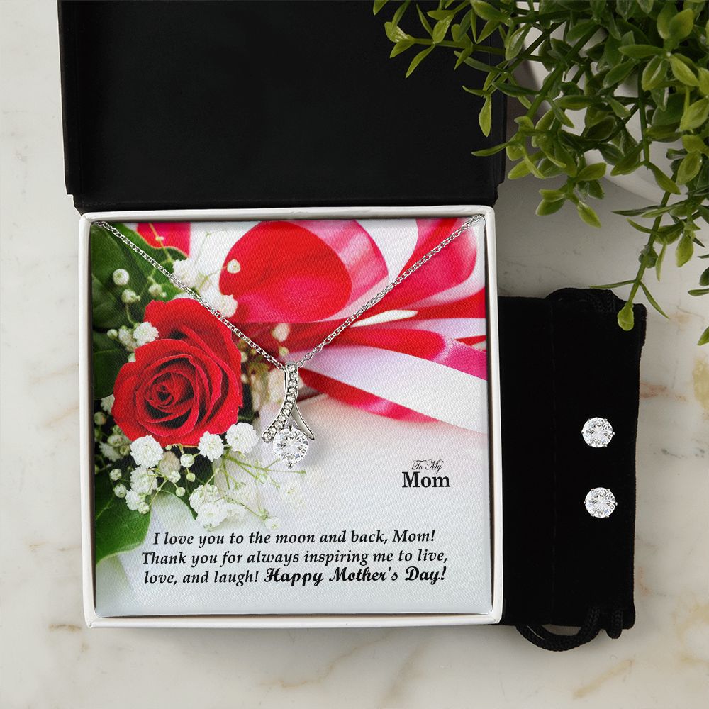 I Love You To The Moon & Back, Mom! Happy Mother's Day - Alluring Beauty Necklace & Clear CZ Earrings - Gift for Mom