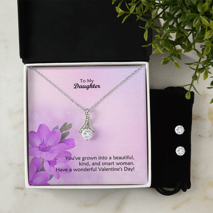To My Daughter, Have A Wonderful Valentine's Day - Alluring Beauty Necklace & Clear CZ Earrings - Gift for Daughter