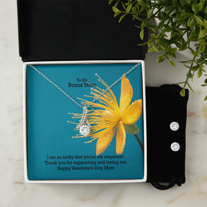 To My Bonus Mom, I Am So Lucky That You're My StepMom - Alluring Beauty Necklace & Clear CZ Earrings - Gift for Mom