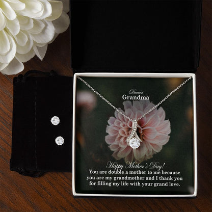 Happy Mother's Day - You Are Double A Mother To Me Because You Are My Grandmother & I Thank You - Alluring Beauty Necklace & Clear CZ Earrings - Gift for Grandma