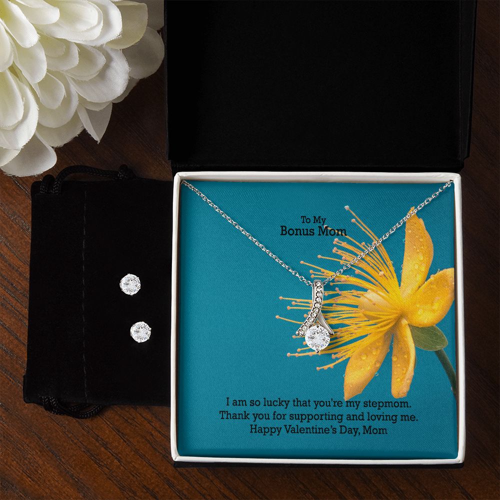 To My Bonus Mom, I Am So Lucky That You're My StepMom - Alluring Beauty Necklace & Clear CZ Earrings - Gift for Mom
