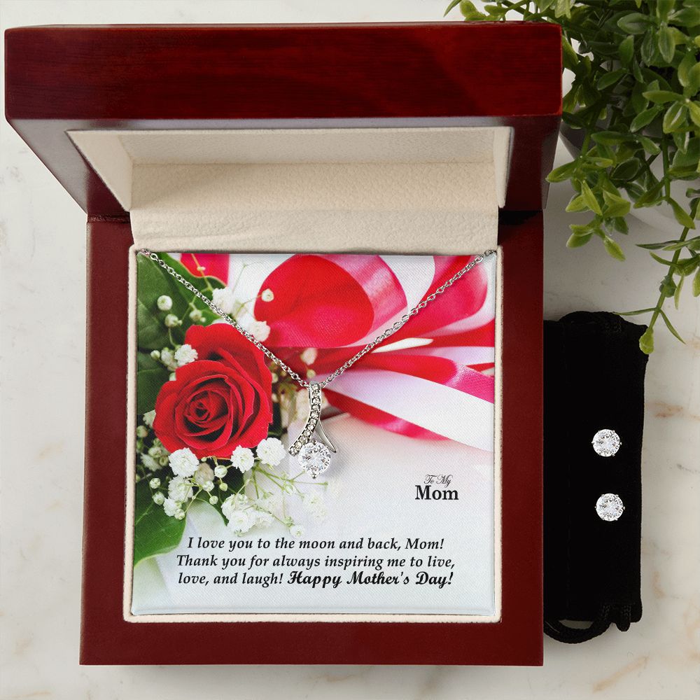 I Love You To The Moon & Back, Mom! Happy Mother's Day - Alluring Beauty Necklace & Clear CZ Earrings - Gift for Mom