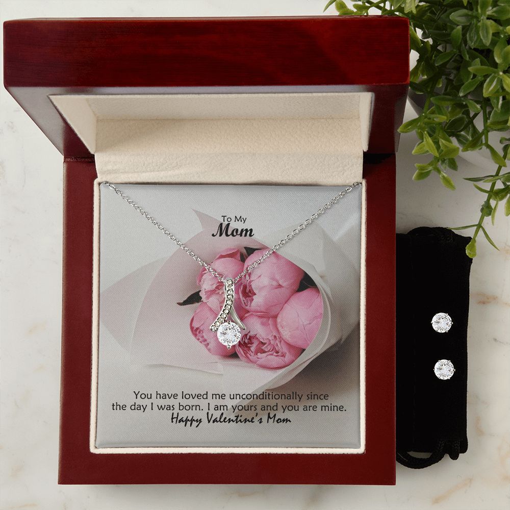 To My Mom, You Have Loved Me Unconditionally Since The Day I Was Born, Happy Valentine's Day - Alluring Beauty Necklace & Clear CZ Earrings - Gift for Mom