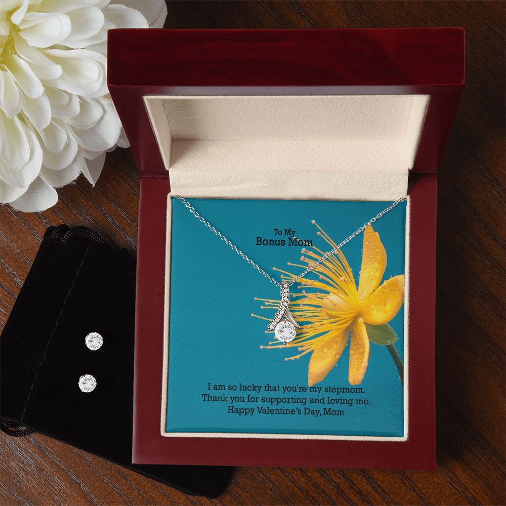 To My Bonus Mom, I Am So Lucky That You're My StepMom - Alluring Beauty Necklace & Clear CZ Earrings - Gift for Mom